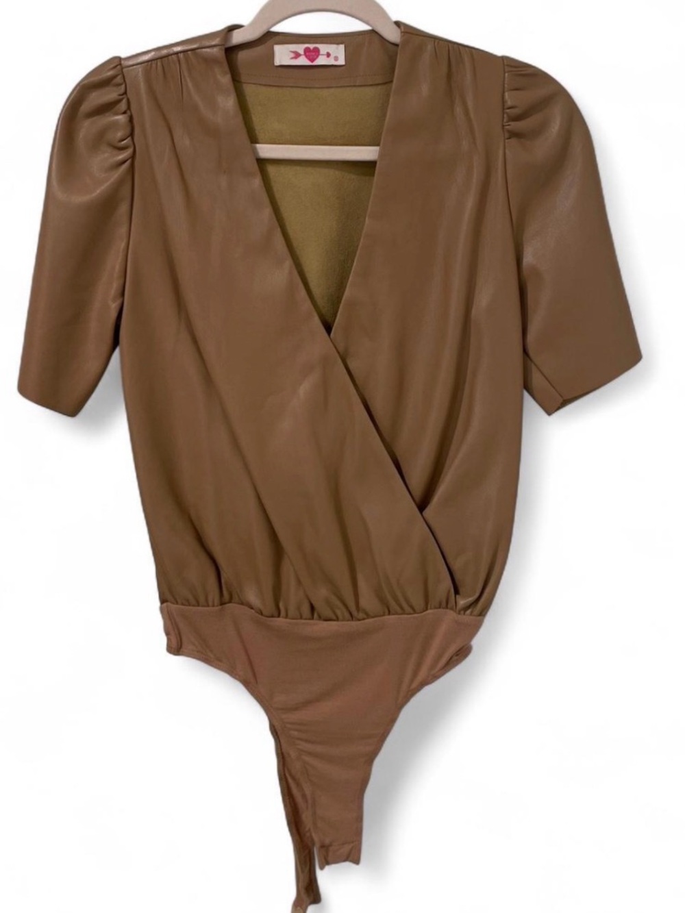 Buddy Love Brown Faux-Leather Wrap Bodysuit with Puff Sleeves